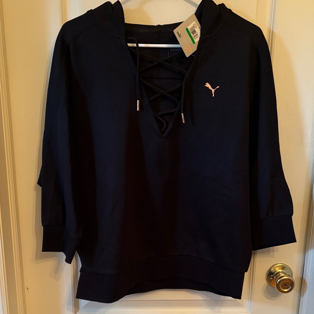 Puma Black Hoodie with Pink Puma Logo and Lace-Up V-Neck